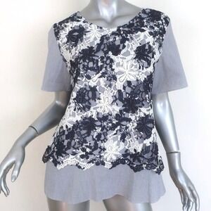 THAKOON ADDITION LACE OVERLAY TOP BLUE STRIPED COTTON SIZE 2 SHORT SLEEVE BLOUSE